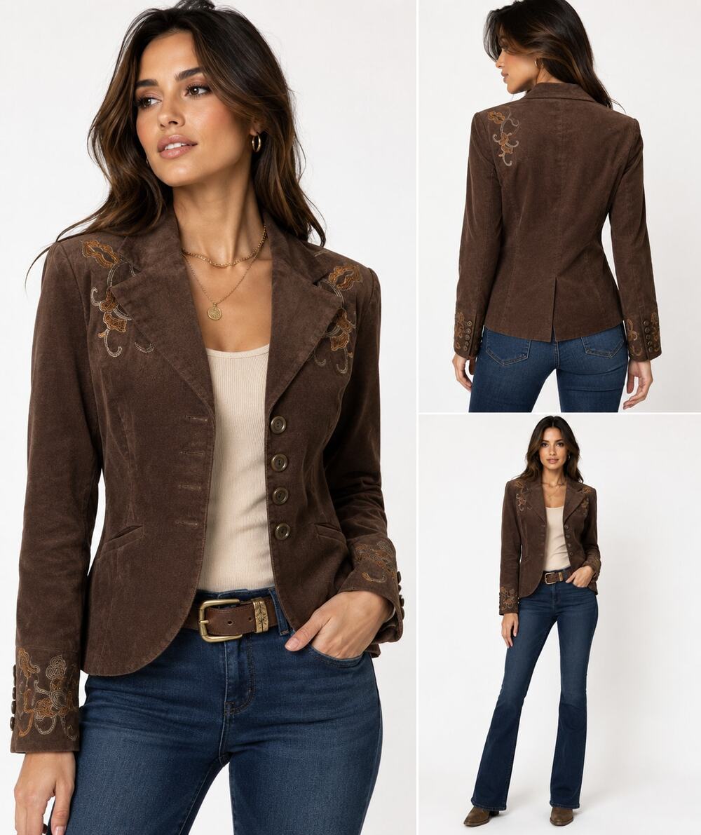 90 Ninety Blazer Womens M Embroidered Brown Floral Tailored Jacket